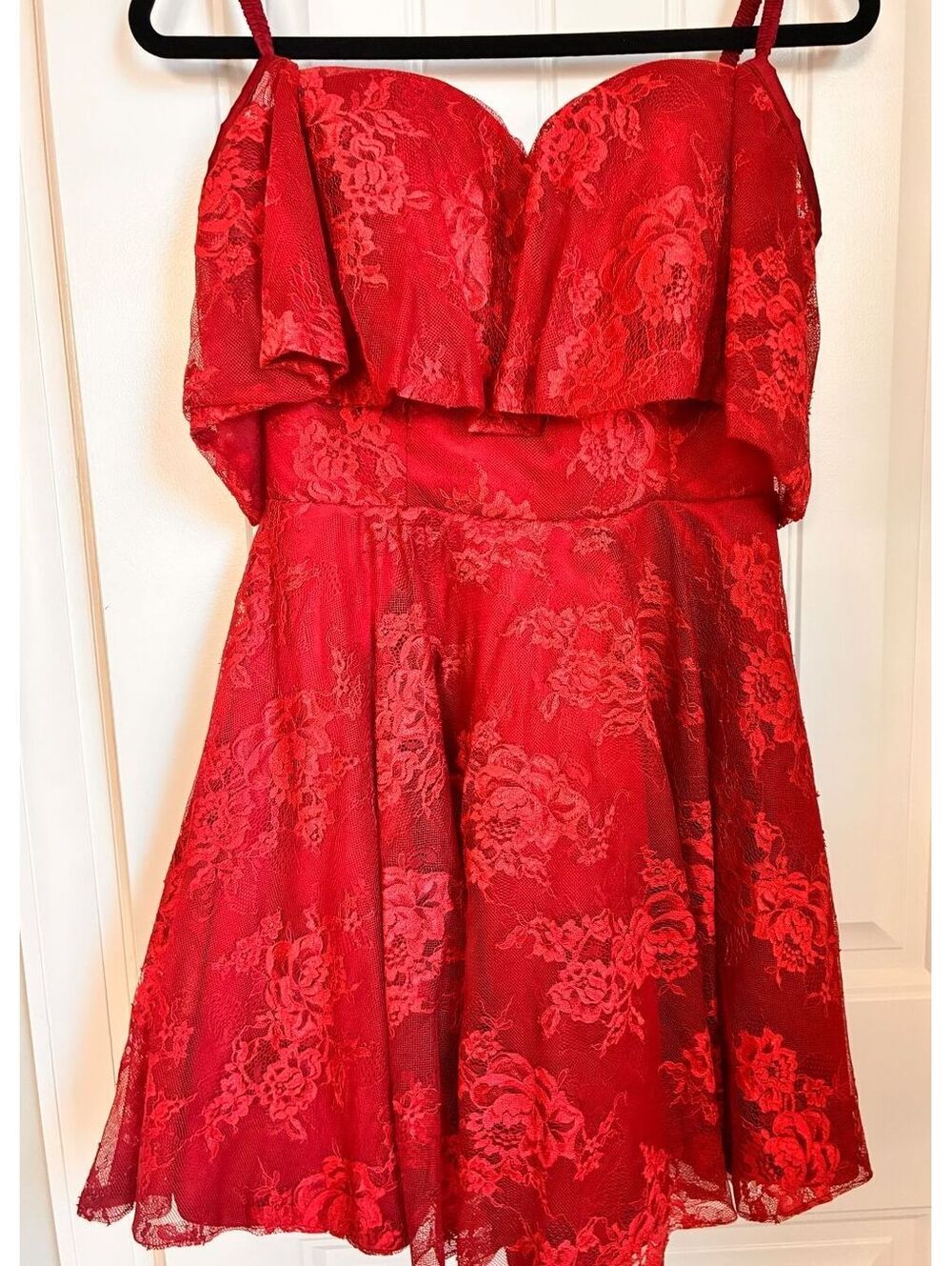 Red Lace Fit & Flare Strap Dress with Ruffle Detail